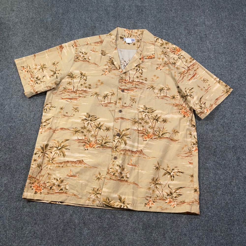 Aloha Line Hawaii Tropical Palm Tree Shirt Mens Large Short Sleeve Tan USA Made